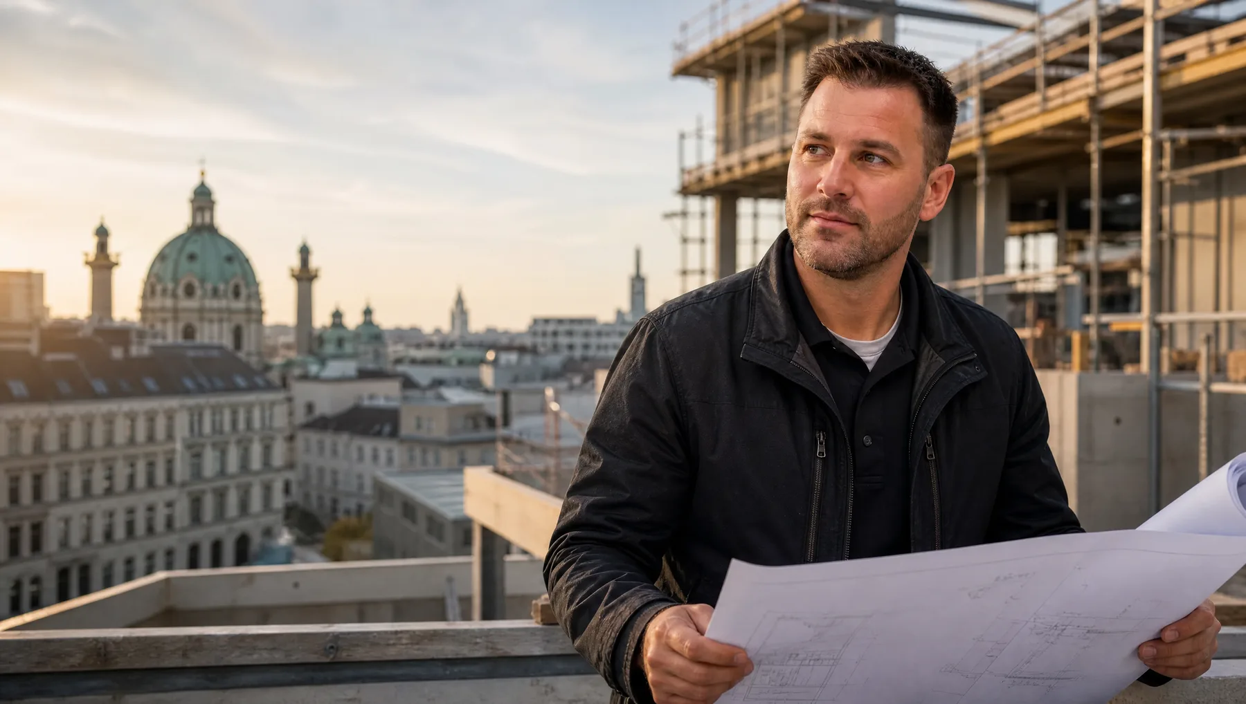 Bauunternehmer mit Plan auf einer Baustelle über den Dächern von Wien