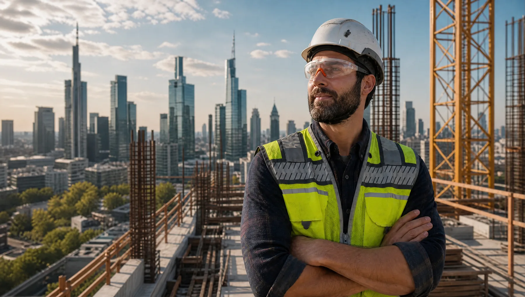 Bauleiter mit Helm auf einer Baustelle über der Stadt